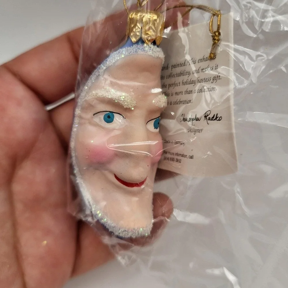 Christopher Radko Crescent Moon Glass Christmas Ornament Man Face Blue